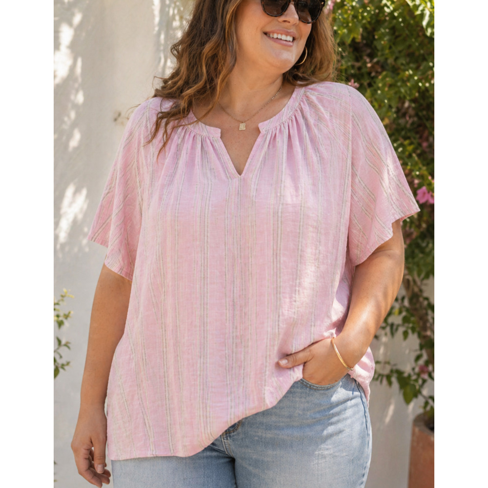 Wonderly Linen Blend Tunic 1X Plus Pink Stripe V-Neck Lightweight Top Summer